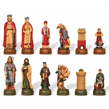 Pièces d'échecs Camelot : rois, évêques, chevaliers et tours peints à la main
