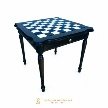 Table d'Echecs en Bois Laqué Noir Tilia avec Plateau en Marbre de Carrare et Double Tiroir de Rangement