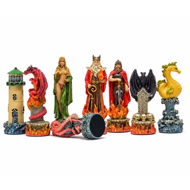 Pièces d'échecs thème Eau vs Feu avec dragons et personnages fantastiques