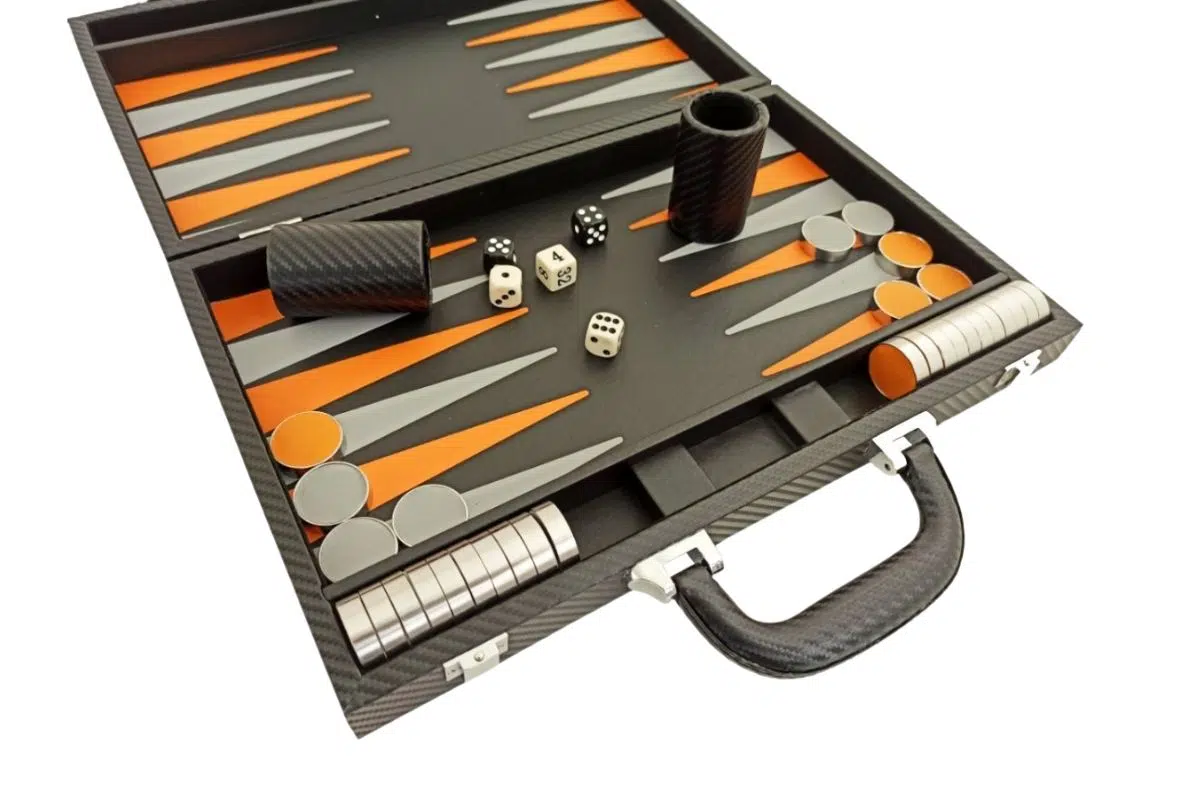 Ensemble de Backgammon Pliable en Similicuir Noir et Orange
