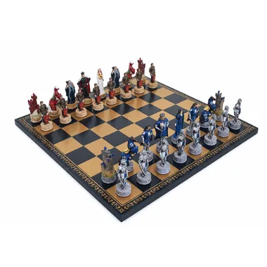 Ensemble jeu d'échecs Roi Arthur en résine sur échiquier en similicuir bleu