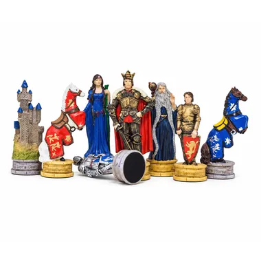 Pièces d'échecs Roi Arthur détaillées : roi, reine, chevalier, mage et chevaux caparaçonnés