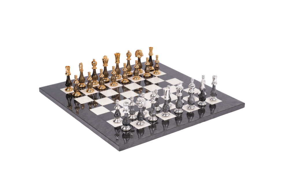 Jeu d'Échecs Luxe en Laiton Massif plaqué Or et Argent et Bois Laqué avec Échiquier en Érable de Bruyère - Roi 10 cm