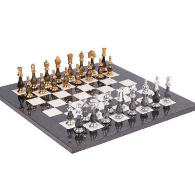 Jeu d'Échecs Luxe en Laiton Massif plaqué Or et Argent et Bois Laqué avec Échiquier en Érable de Bruyère - Roi 10 cm