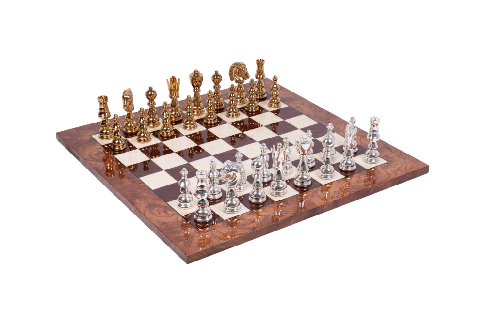 Ensemble de Jeu d'Échecs de Luxe - Pièces en Laiton Massif Plaqué Or/Argent & Échiquier en Bois d'Orme Bruyère Laqué