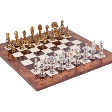 Ensemble de Jeu d'Échecs de Luxe - Pièces en Laiton Massif Plaqué Or/Argent & Échiquier en Bois d'Orme Bruyère Laqué