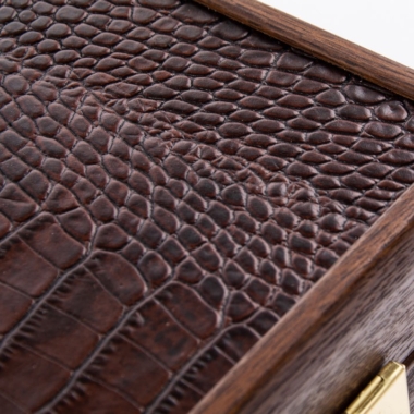 Ensemble de Backgammon en Cuir Veritable Marron Antique Effet Crocodile