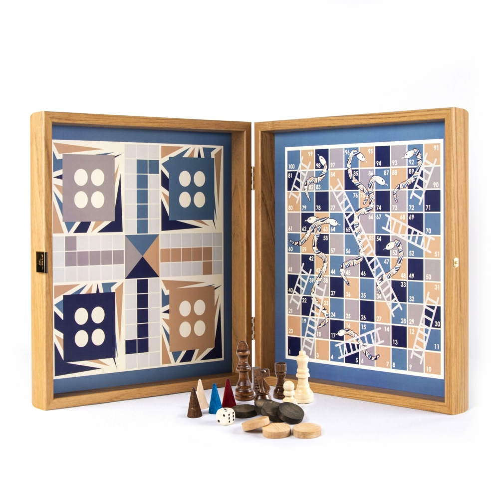 Jeu Combiné 4 en 1 en Bois Bleu - Échecs/Backgammon/Ludo/Serpents