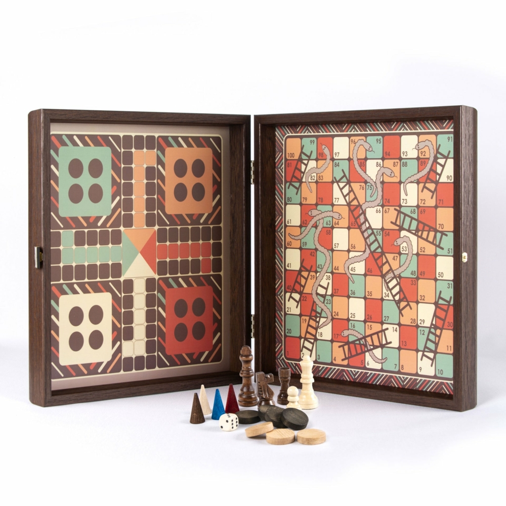 Jeu Combiné 4 en 1 en Bois Style Vintage - Échecs/Backgammon/Ludo/Serpents