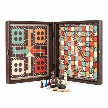 Jeu Combiné 4 en 1 en Bois Style Vintage - Échecs/Backgammon/Ludo/Serpents