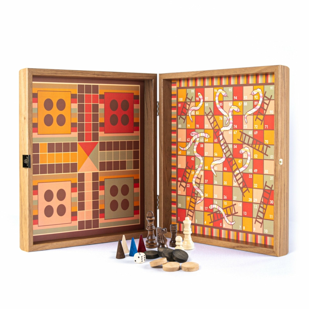 Jeu Combiné 4 en 1 en Bois Style Arc en Ciel - Échecs/Backgammon/Ludo/Serpents