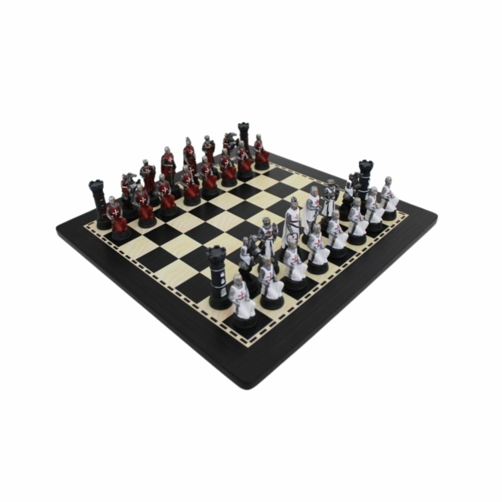 Ensemble de Jeu d'Échecs Ordre des Templiers - Pièces Peintes à la Main et Échiquier en Bois Noir Ébène