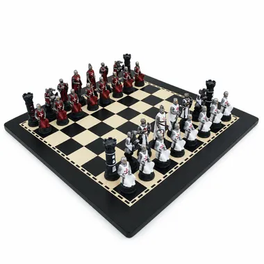 Ensemble de Jeu d'Échecs Ordre des Templiers - Pièces Peintes à la Main et Échiquier en Bois Noir Ébène