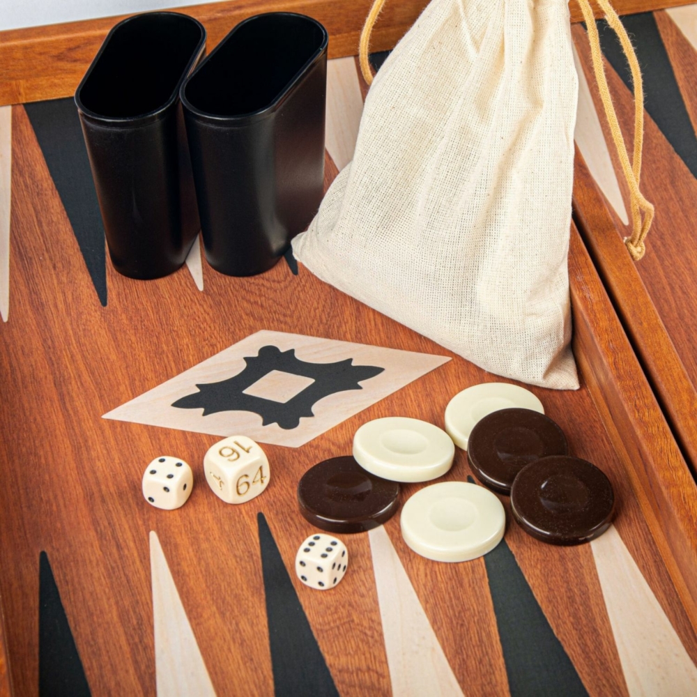 Backgammon en Réplique de Bois d'Acajou avec 30 Pions, Dés et Accessoires