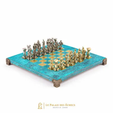 Jeu d'échecs guerrier spartiate complet, plateau turquoise en métal sur pied