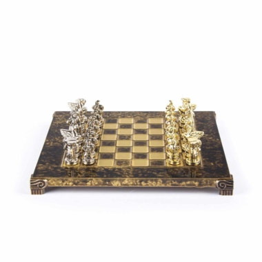 Petit Ensemble Jeu d'Echecs Grec en Métal Argent et Or et Echiquier en Laiton avec Rangement