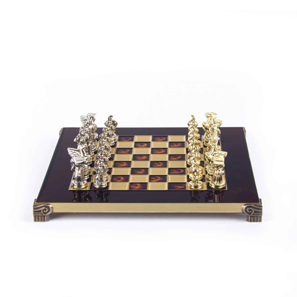 Petit Ensemble Jeu d'Echecs Grec en Métal Argent et Or et Echiquier en Laiton avec Rangement