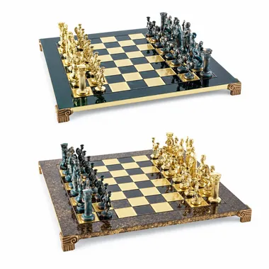 Jeu d'échecs gréco-romain, pièces vertes et dorées, deux coloris de plateau