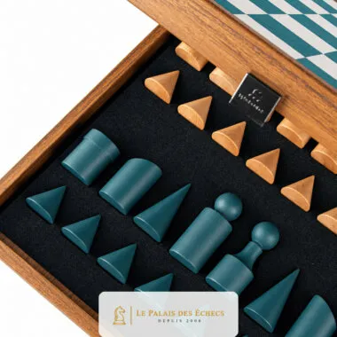 Pièces géométriques bleues et bois rangées dans le coffret de rangement ouvert