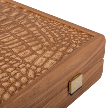 Backgammon en Cuir Imitation Crocodile Ivoire et Marron - Jeu de Luxe avec Pions en Nacre