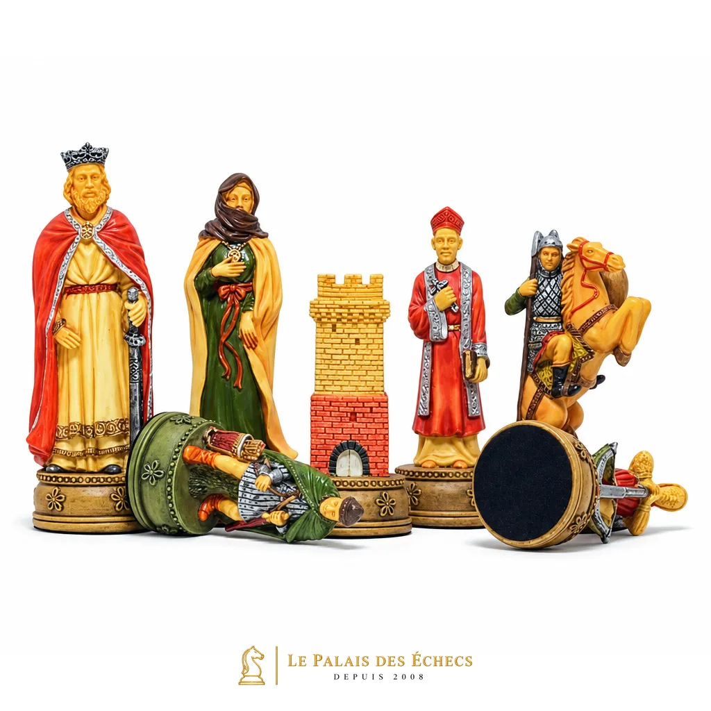 Ensemble de pièces Camelot avec roi, reine, tour crénelée et cavaliers peints