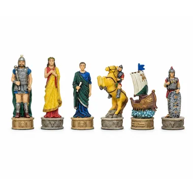 Pièces d'échecs sur le thème de la guerre de Troie, six figurines peintes alignées