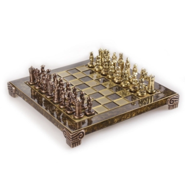 Petit Jeu d'Echecs Empire Byzantin - Échiquier Bleu ou Marron en Metal et Pièces Dorées et Marron avec Coffret de Rangement