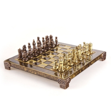 Petit Jeu d'Echecs Empire Byzantin - Échiquier Bleu ou Marron en Metal et Pièces Dorées et Marron avec Coffret de Rangement