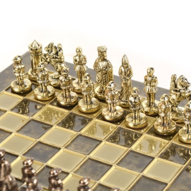 Petit Jeu d'Echecs Empire Byzantin - Échiquier Bleu ou Marron en Metal et Pièces Dorées et Marron avec Coffret de Rangement