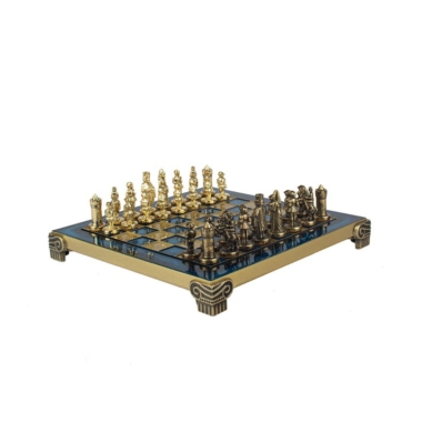 Petit Jeu d'Echecs Empire Byzantin - Échiquier Bleu ou Marron en Metal et Pièces Dorées et Marron avec Coffret de Rangement