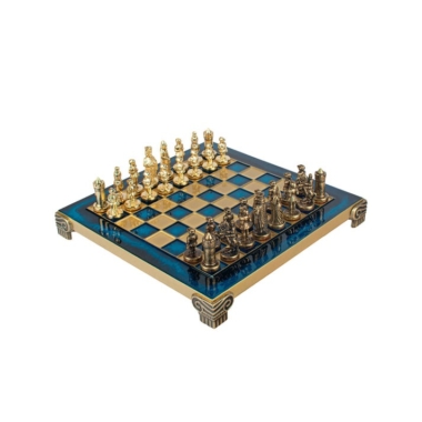 Petit Jeu d'Echecs Empire Byzantin - Échiquier Bleu ou Marron en Metal et Pièces Dorées et Marron avec Coffret de Rangement