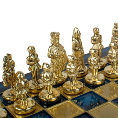 Petit Jeu d'Echecs Empire Byzantin - Échiquier Bleu ou Marron en Metal et Pièces Dorées et Marron avec Coffret de Rangement