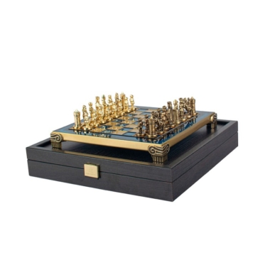 Petit Jeu d'Echecs Empire Byzantin - Échiquier Bleu ou Marron en Metal et Pièces Dorées et Marron avec Coffret de Rangement