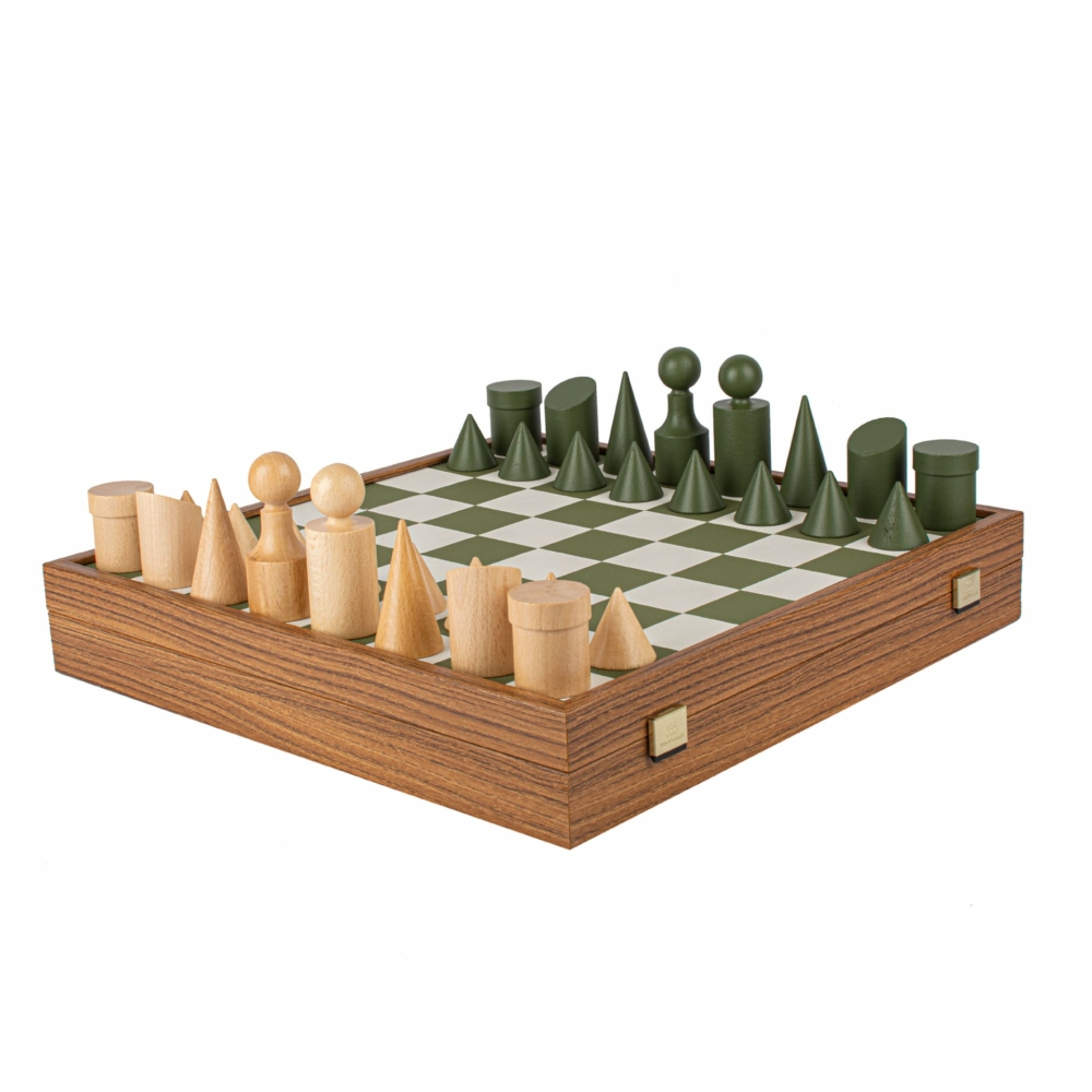 Jeu d'Echecs Bauhaus Vert et Naturel - Échiquier en Bois et Similicuir & Pièces en Bois