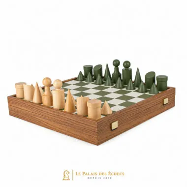 Jeu d'Echecs Bauhaus Vert et Naturel - Échiquier en Bois et Similicuir & Pièces en Bois