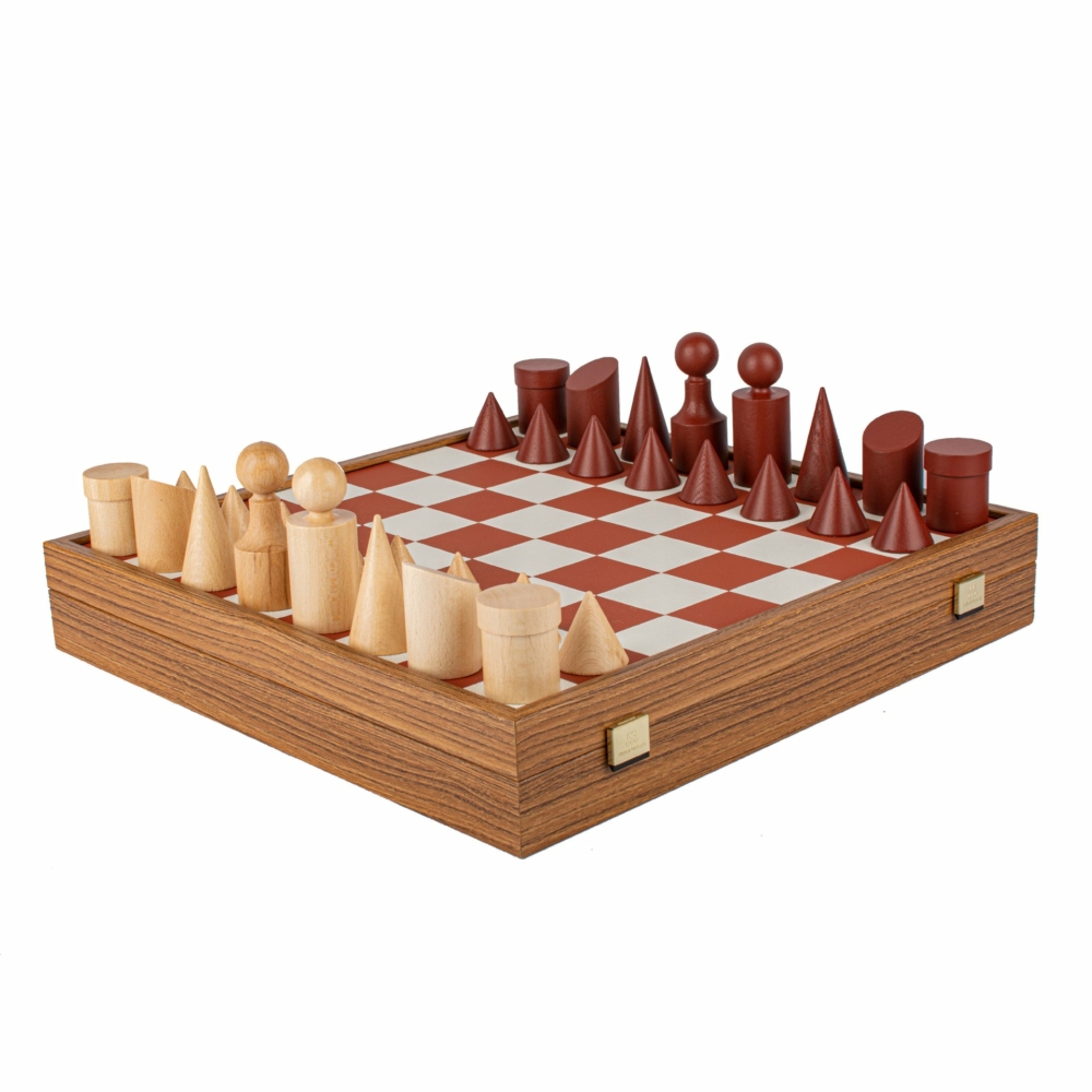 Jeu d'Echecs Bauhaus Terracotta et Naturel - Échiquier en Bois et Similicuir & Pièces en bois