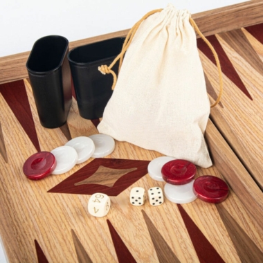 Backgammon en Bois d'Acajou et Chêne – Jeu avec Pions Marbrés et Gobelets en Plastique