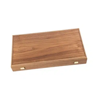 Coffret de rangement en acajou fermé, vue du couvercle en bois veiné