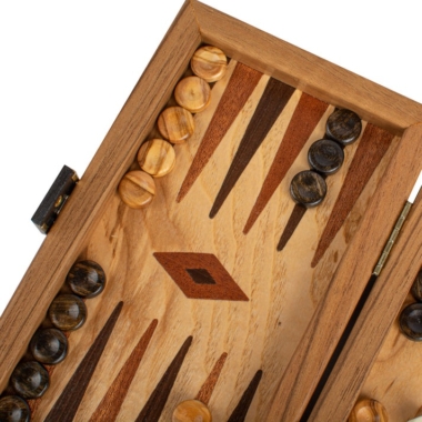 Petit Backgammon de Voyage en Loupe d'Olivier avec Jetons en Bois d'Olivier