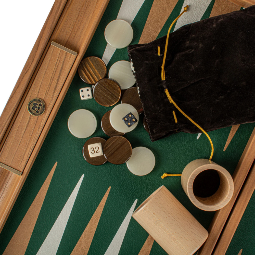 Ensemble de Backgammon en Similicuir Crocodile - Vert, Mocha et Ivoire