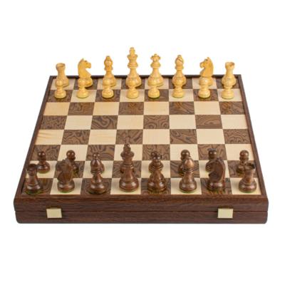Juego de ajedrez completo con tablero 43 x 43 cm en madera veteada de nogal y roble – piezas Staunton en palo de rosa y boj, con almacenamiento integrado