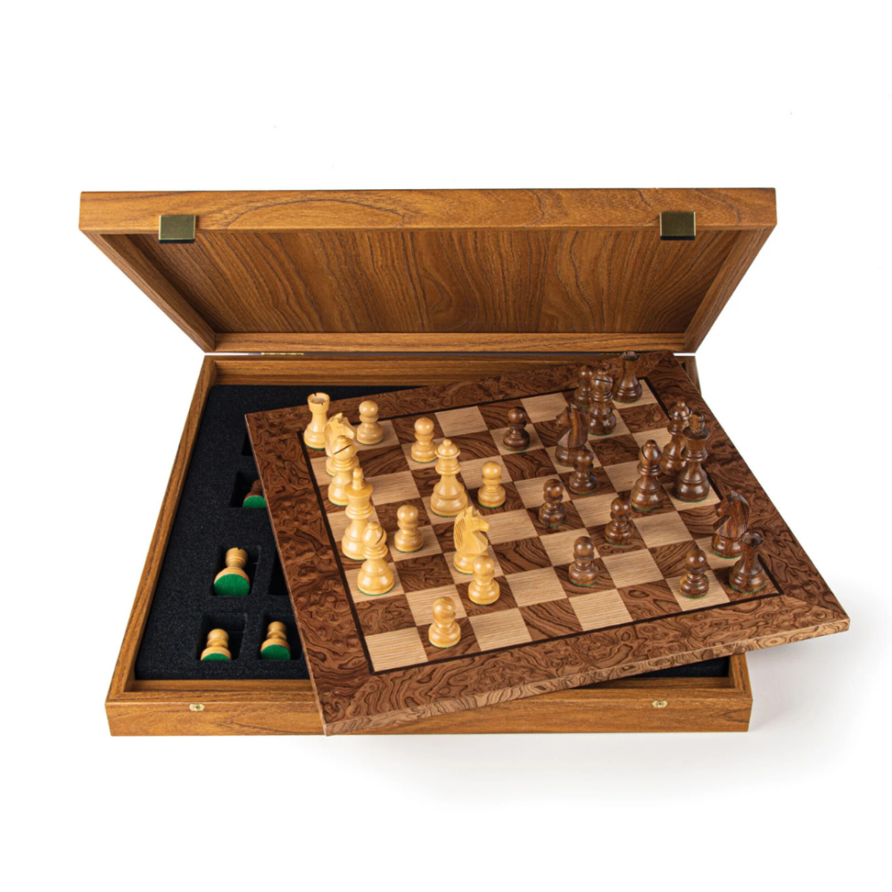 Ensemble d'Échecs en Loupe de Noyer avec Pièces Staunton – 50x50 cm