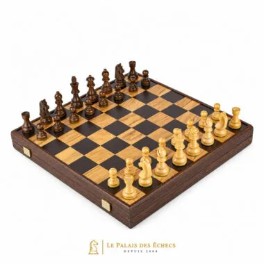 Ensemble jeu d'échecs complet, échiquier en loupe d'olivier et wenge avec rangement