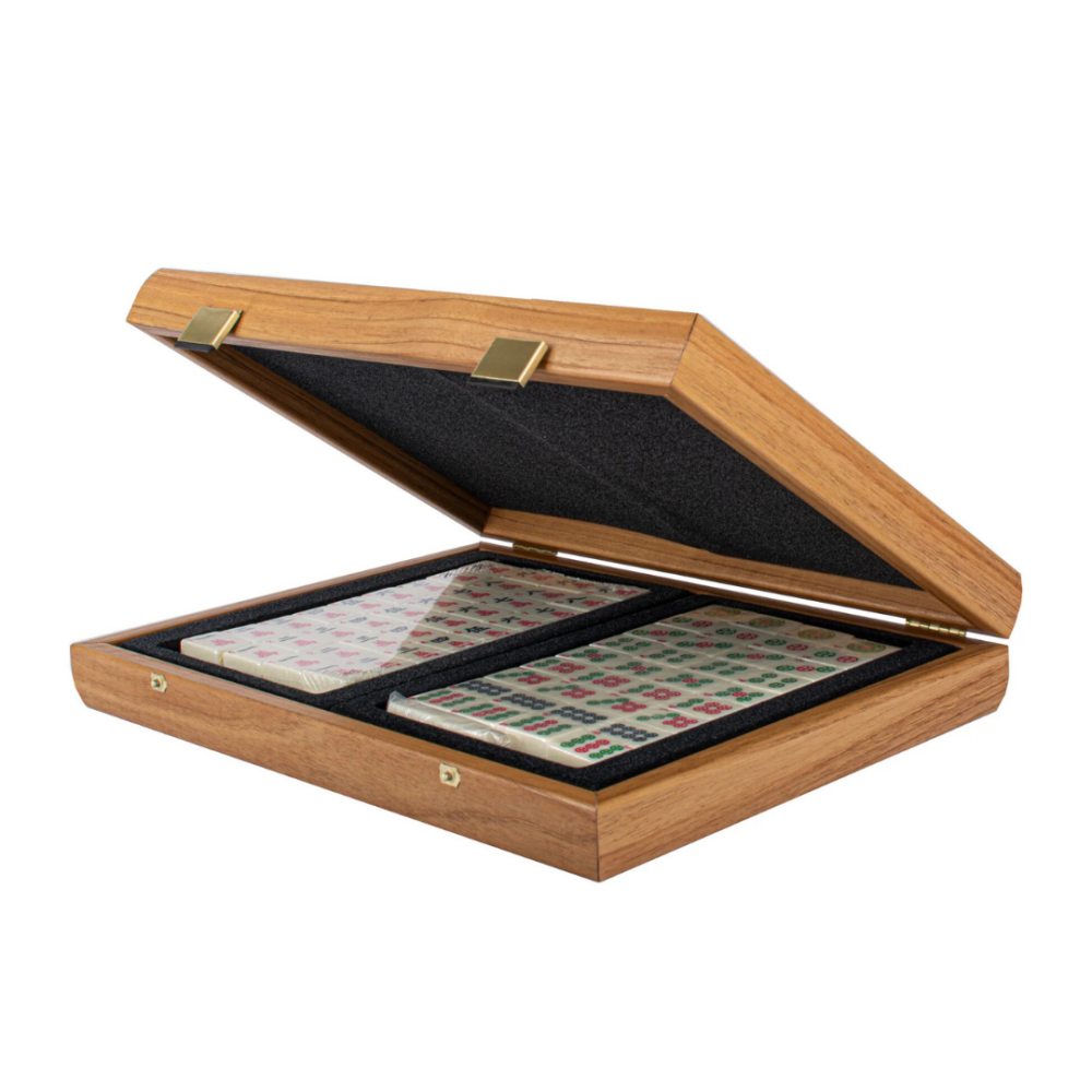 Ensemble de Tuiles de Mahjong dans un Coffret en Bois de Noyer