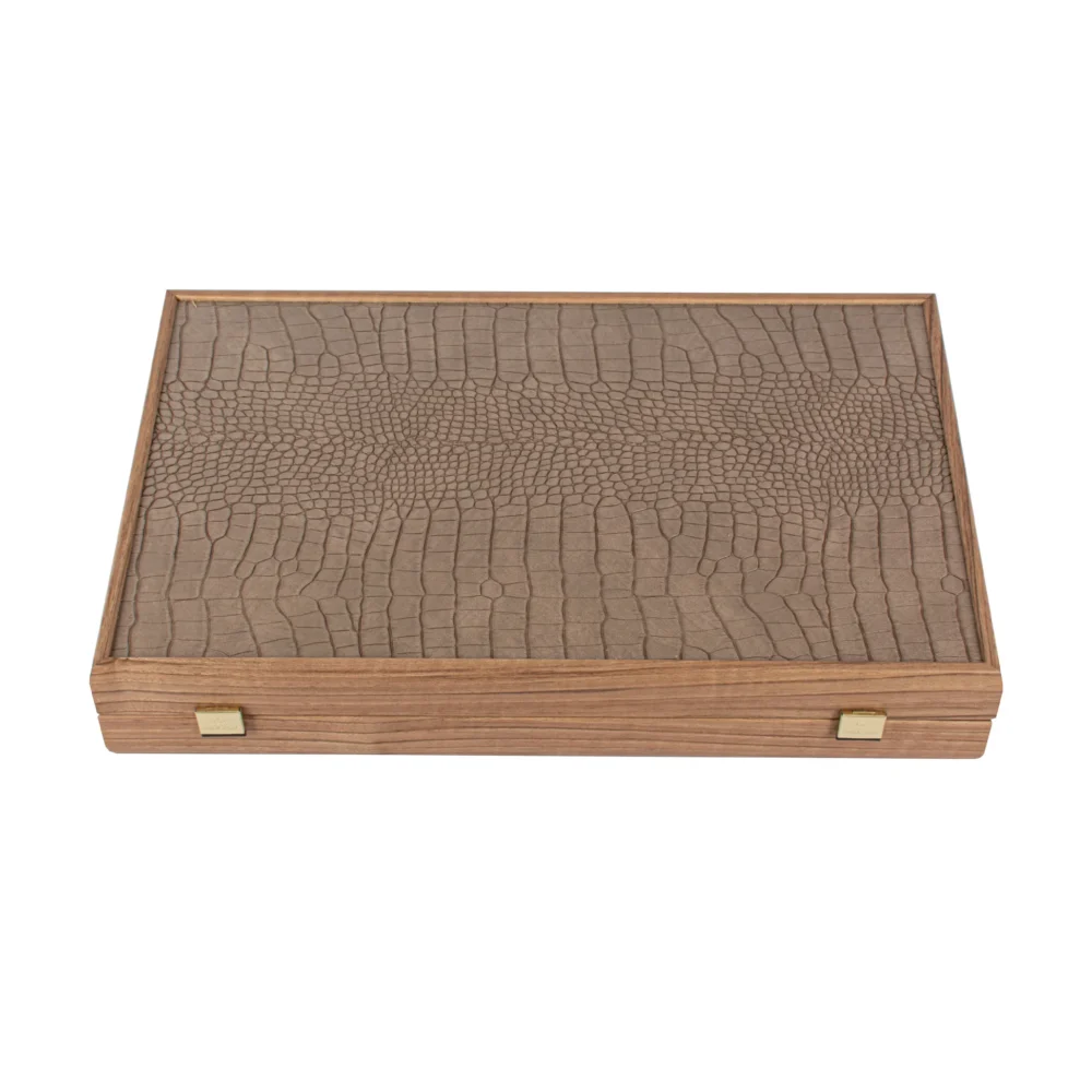 Ensemble de Backgammon en Similicuir Crocodile - Gris Beige, Ivoire et Sable