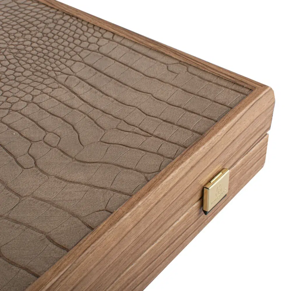 Ensemble de Backgammon en Similicuir Crocodile - Gris Beige, Ivoire et Sable