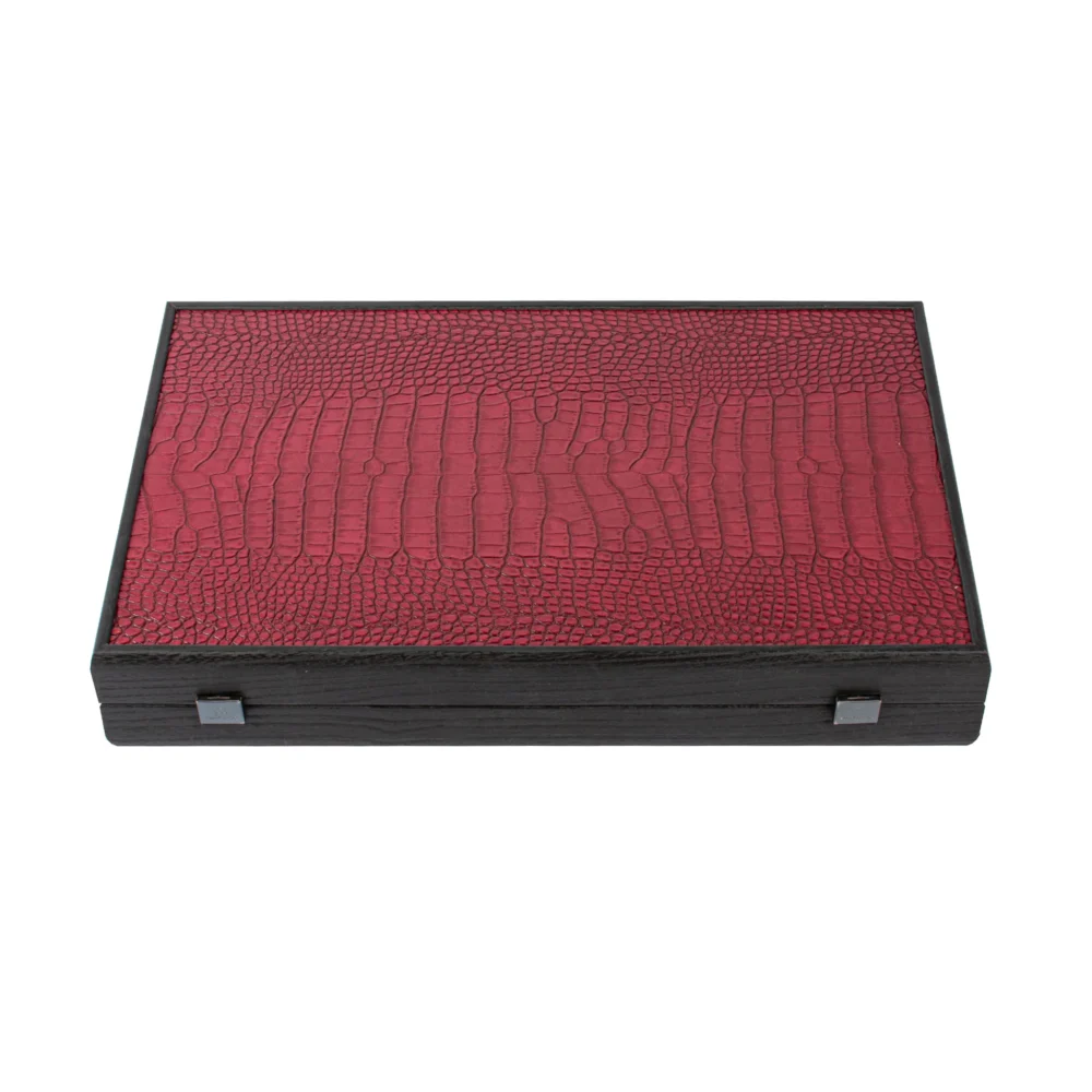 Ensemble de Backgammon en Similicuir Crocodile Rouge Bourgogne, Noir et Blanc