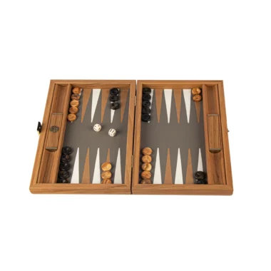 Ensemble de Backgammon en Similicuir Beige Gris avec Texture Autruche (Taille Voyage)