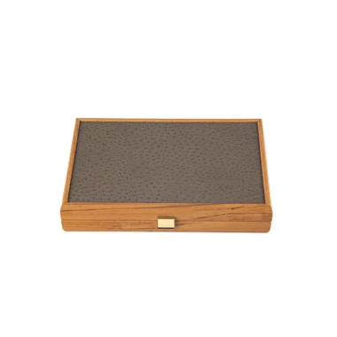 Ensemble de Backgammon en Similicuir Beige Gris avec Texture Autruche (Taille Voyage)