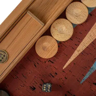 Backgammon en Liège Naturel Rouge avec Pions en Bois de Chêne